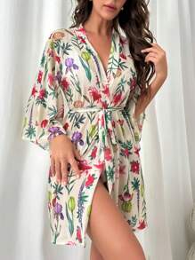 印花腰帶網紗睡袍 - 米色 - 查看 3