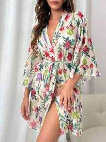 印花腰帶網紗睡袍 - 米色 - 查看 4