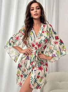 印花腰帶網紗睡袍 - 米色 - 查看 5