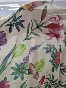 印花腰帶網紗睡袍 - 米色 - 查看 7