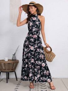 SHEIN VCAY Allover Floral Print Halter Neck Ruffle Hem Dress - Black - View 1