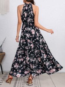 SHEIN VCAY Allover Floral Print Halter Neck Ruffle Hem Dress - Black - View 2