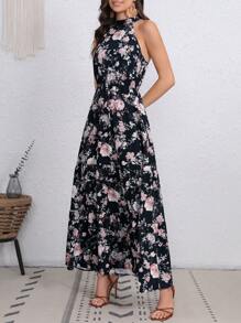 SHEIN VCAY Allover Floral Print Halter Neck Ruffle Hem Dress - Black - View 4