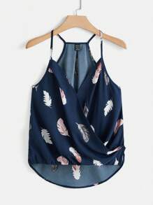 SHEIN VCAY 羽毛印花圍裹細節吊帶上衣 - 藏蓝色 - 查看 1