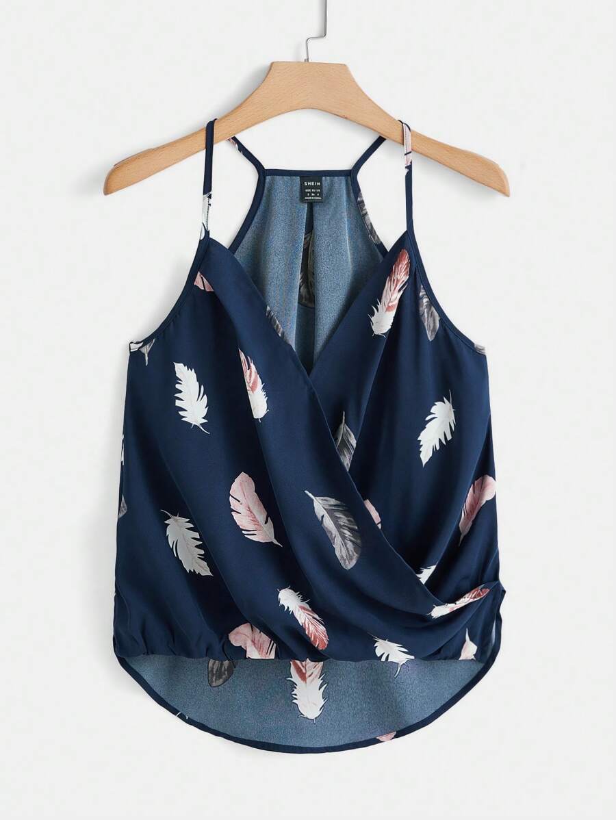 SHEIN VCAY 羽毛印花圍裹細節吊帶上衣 - 藏蓝色 - 查看 1