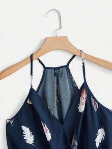 SHEIN VCAY 羽毛印花圍裹細節吊帶上衣 - 藏蓝色 - 查看 3