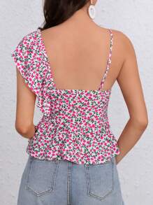 SHEIN VCAY Ditsy Floral Print Asymmetrical Neck Ruffle Trim Peplum Blouse - Pink - View 2