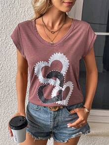SHEIN LUNE Áo thun nữ Tim Giải trí - Gỗ đỏ - Xem 4