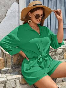 SHEIN Frenchy 大碼落肩袖襯衫和短褲 - 綠色 - 查看 5
