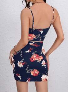 SHEIN VCAY Bộ đồ hai mảnh nữ Hoa Boho - Màu xanh hải quân - Xem 2