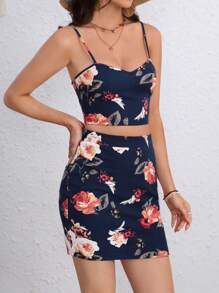 SHEIN VCAY Bộ đồ hai mảnh nữ Hoa Boho - Màu xanh hải quân - Xem 4