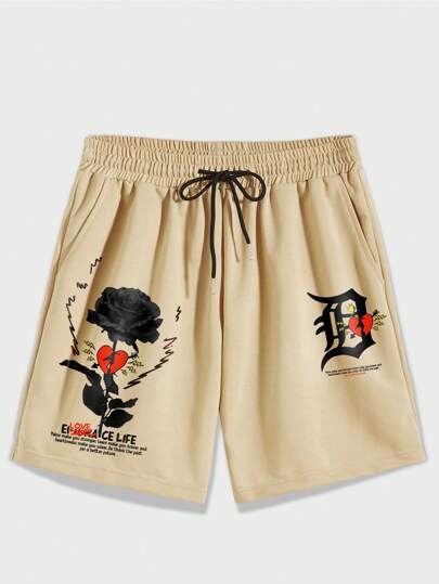 Street Life Guys Floral & Letter Graphic Drawstring Waist Shorts