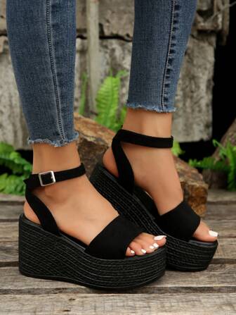 Women Single Band Flatform Ankle Strap Sandals, Vacation Faux Suede Wedge Sandals For Summer