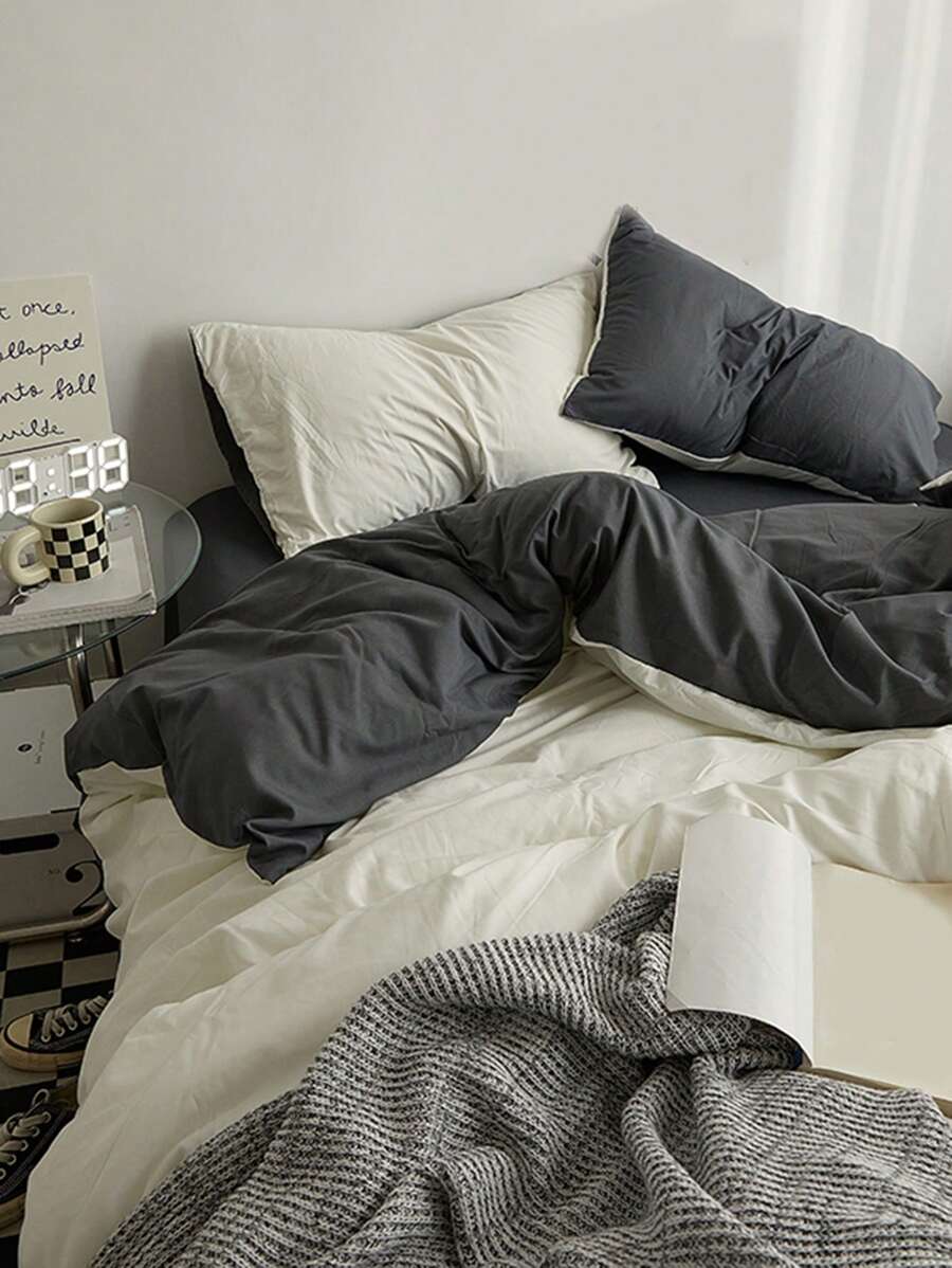 4件套現代家居臥室四季通用簡約素色白色/藍色/灰色床上用品套裝包括1入組羽絨被套、2入組枕套、1入組床單（無填充物） - 彩色 - 查看 1