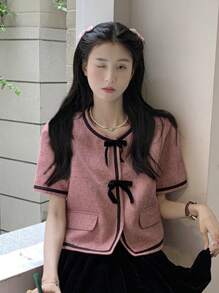 Contrast Trim Bow Front Puff Sleeve Blouse - Dusty Pink - View 1