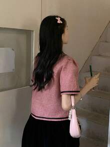 Contrast Trim Bow Front Puff Sleeve Blouse - Dusty Pink - View 2