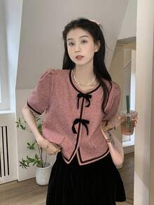 Contrast Trim Bow Front Puff Sleeve Blouse - Dusty Pink - View 3
