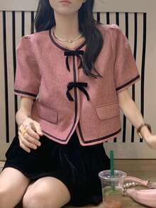 Contrast Trim Bow Front Puff Sleeve Blouse - Dusty Pink - View 4