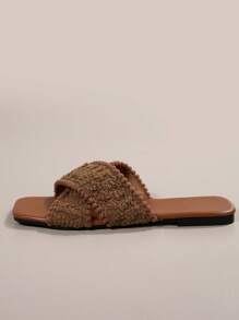 女士夏季户外凉鞋，新款优雅法式平底防滑沙滩交叉拖鞋 - 棕色 - 查看 4