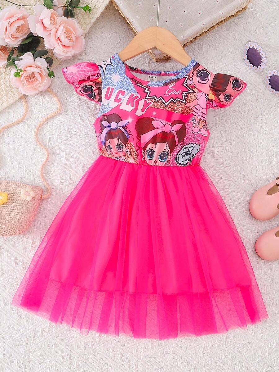 Đầm bé gái Nơ Bướm Tương phản Mesh Xù Con số Dễ thương - Màu Hồng Tươi - Xem 1