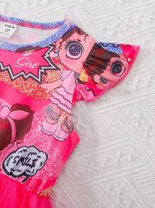 Đầm bé gái Nơ Bướm Tương phản Mesh Xù Con số Dễ thương - Màu Hồng Tươi - Xem 5