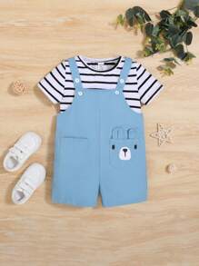 SHEIN Baby Boy Striped Tee & Cartoon Graphic 3D Ear Design Dual Pocket Pinafore Romper - Multicolor - View 1