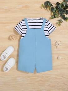 SHEIN Baby Boy Striped Tee & Cartoon Graphic 3D Ear Design Dual Pocket Pinafore Romper - Multicolor - View 2