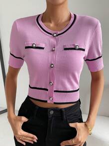 SHEIN Privé Nữ Cardigans Nút phía trước Tương phản ràng buộc Sọc Giải trí - Hồng - Xem 1