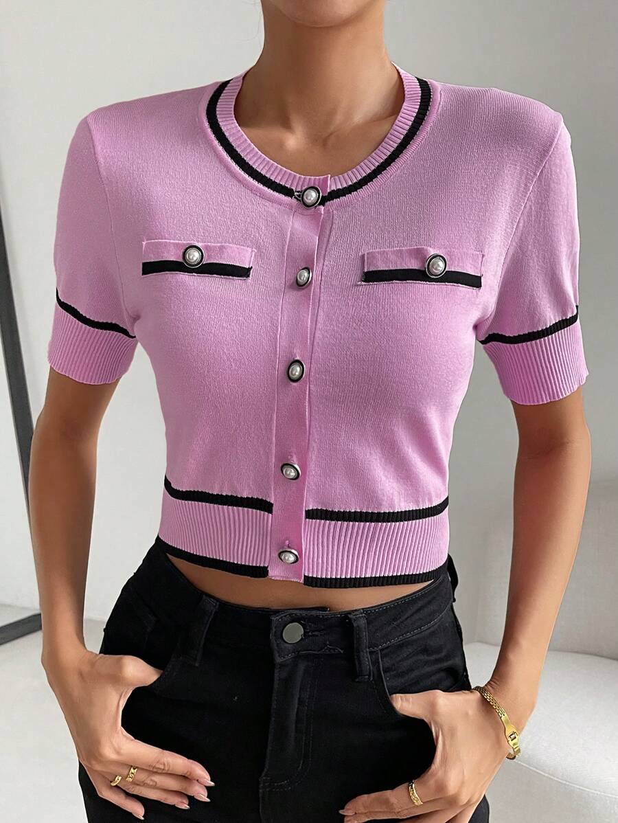 SHEIN Privé Nữ Cardigans Nút phía trước Tương phản ràng buộc Sọc Giải trí - Hồng - Xem 1