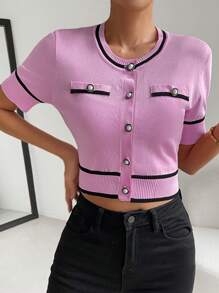 SHEIN Privé Nữ Cardigans Nút phía trước Tương phản ràng buộc Sọc Giải trí - Hồng - Xem 3