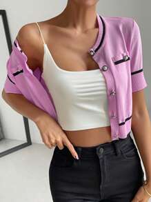 SHEIN Privé Nữ Cardigans Nút phía trước Tương phản ràng buộc Sọc Giải trí - Hồng - Xem 4