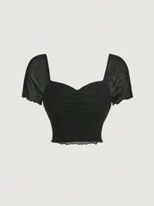 SHEIN MOD Áo thun nữ Tương phản Mesh Xù cắt Xù nhỏ màu trơn Giải trí - màu đen - Xem 2