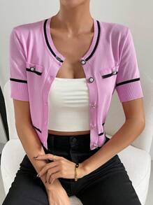 SHEIN Privé Nữ Cardigans Nút phía trước Tương phản ràng buộc Sọc Giải trí - Hồng - Xem 5