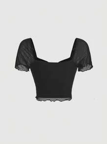 SHEIN MOD Áo thun nữ Tương phản Mesh Xù cắt Xù nhỏ màu trơn Giải trí - màu đen - Xem 8