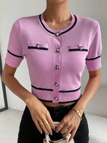 SHEIN Privé Nữ Cardigans Nút phía trước Tương phản ràng buộc Sọc Giải trí - Hồng - Xem 6