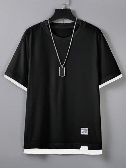 Manfinity Homme 男士大碼字母貼布拼接邊T恤無項鏈