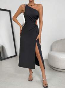 SHEIN Privé 單肩鏤空高衩洋裝 - 黑色 - 查看 6