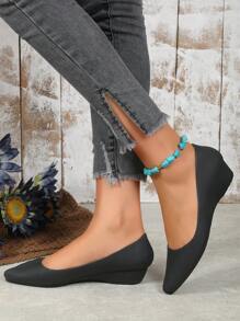Women Point Toe Wedge Shoes, Elegant Black PVC Court Wedges - Black - View 1
