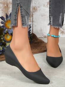Women Point Toe Wedge Shoes, Elegant Black PVC Court Wedges - Black - View 2