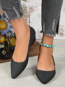 Women Point Toe Wedge Shoes, Elegant Black PVC Court Wedges - Black - View 4
