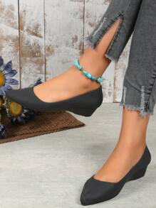 Women Point Toe Wedge Shoes, Elegant Black PVC Court Wedges - Black - View 5