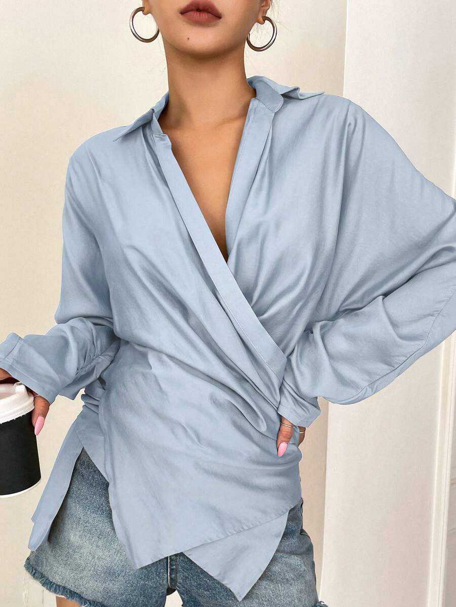DAZY Solid Wrap Front Batwing Sleeve Asymmetrical Hem Blouse - Blue - View 1