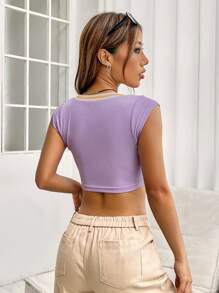 SHEIN EZwear Áo thun nữ Gân đan màu trơn Giải trí - Màu tím - Xem 2