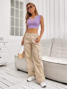 SHEIN EZwear Áo thun nữ Gân đan màu trơn Giải trí - Màu tím - Xem 4