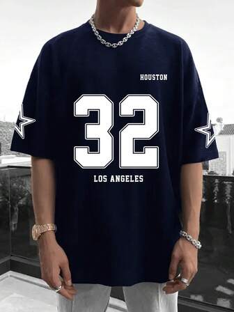 Manfinity Sporsity 男士寬鬆星號和字母印花落肩t恤