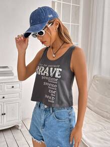 SHEIN EZwear 標語圖案背心上衣 - 灰色 - 查看 3