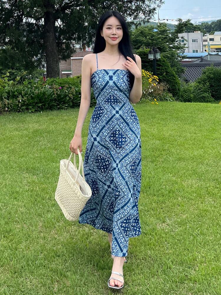 Scarf Print Cami Dress Cruise Women Outfits Sundress,Beach Outfits Maxi Dress