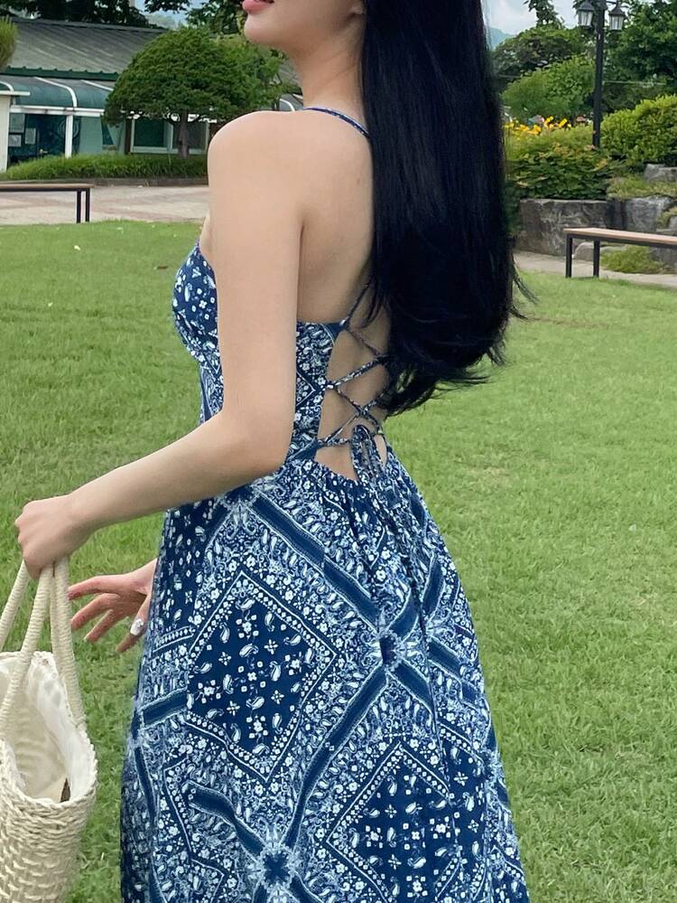 Scarf Print Cami Dress Cruise Women Outfits Sundress,Beach Outfits Maxi Dress