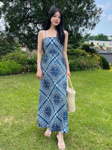 DAZY 圍巾圖案吊帶連衣裙 - 藍色 - 查看 8