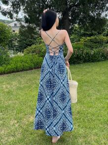 DAZY 圍巾圖案吊帶連衣裙 - 藍色 - 查看 9